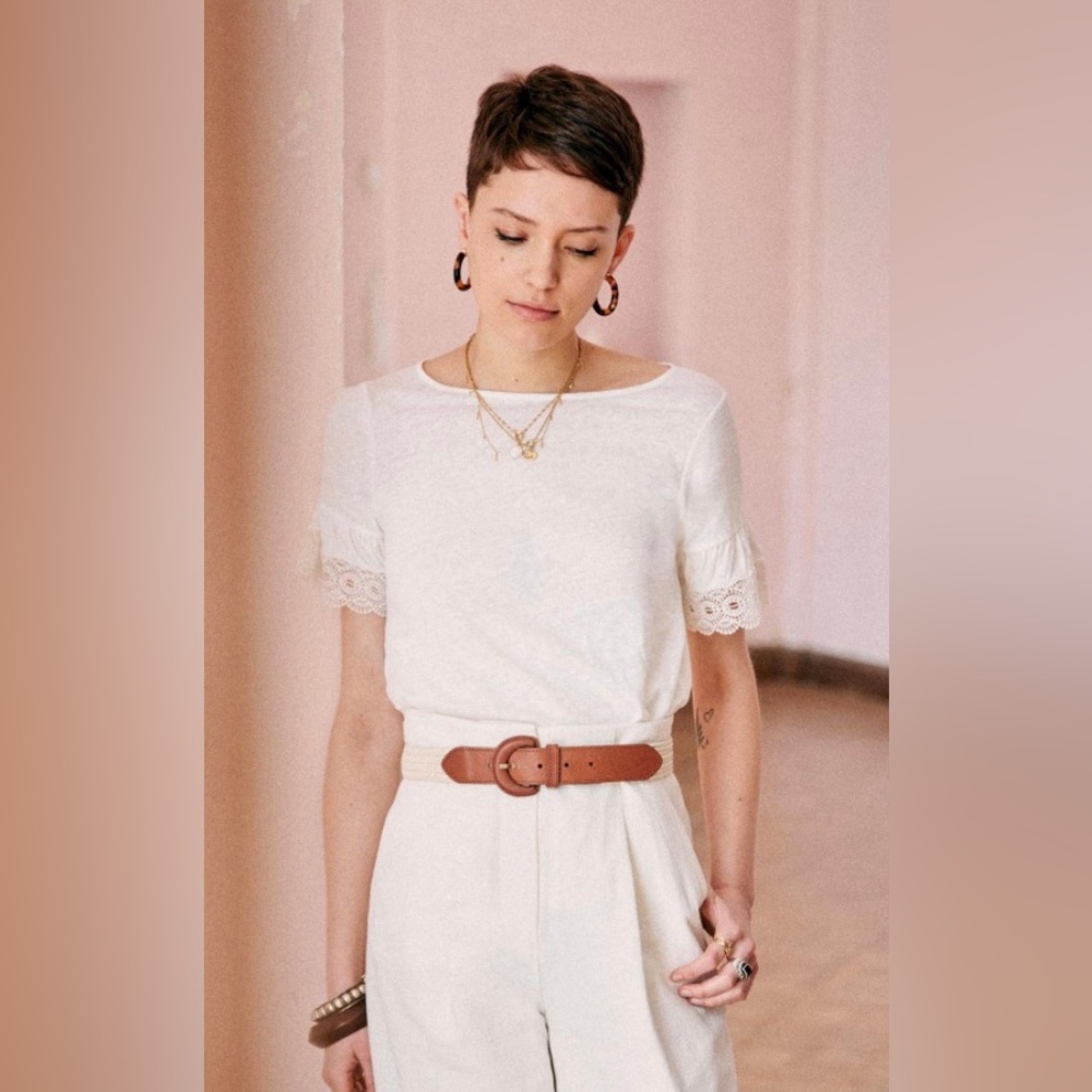 Sezane White Lace Trim Top